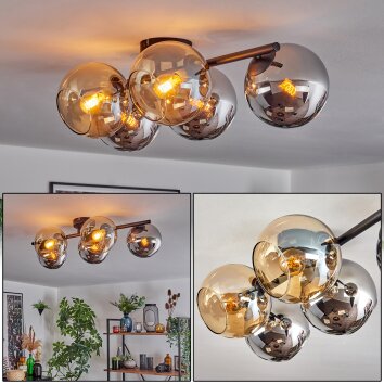 Gastor Plafondlamp, Kogellampje Amber, Chroom, Rookkleurig, 5-lichts