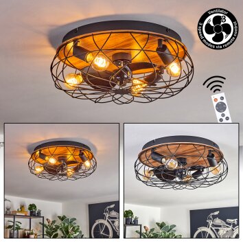 Tourais Plafondlamp, Plafondventilator met verlichting LED houtlook, Zwart, 4-lichts, Afstandsbediening