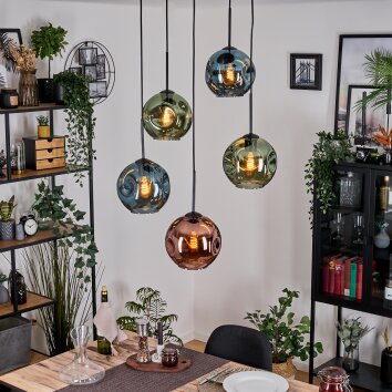 Ripoll Hanglamp, Kogellampje, Cluster hanglamp Blauw, Groen, Koperkleurig, 5-lichts